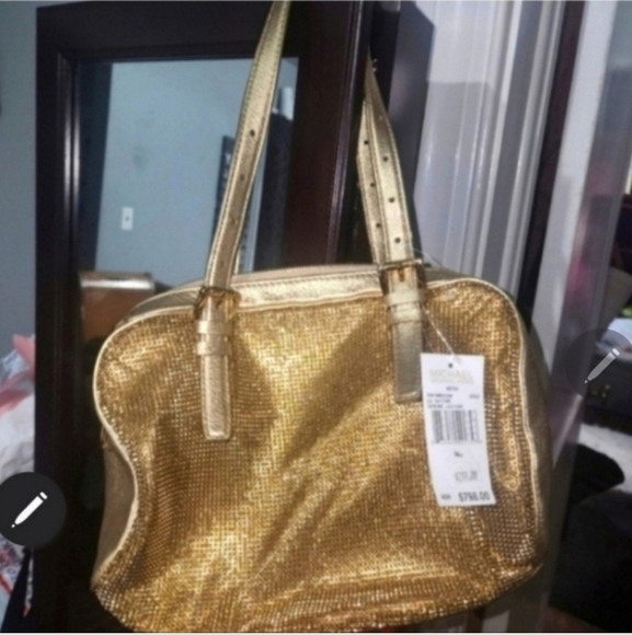 🍁🍂💣💫👀800$NWT !! SUPER RARE HTF!! MICHAEL KORS GOLD LEATHER MESH SATCHEl - Picture 6 of 11